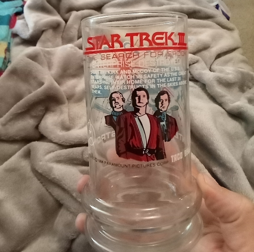 Vintage Star Trek 3 glasses featuring Kirk Scotty and Bones